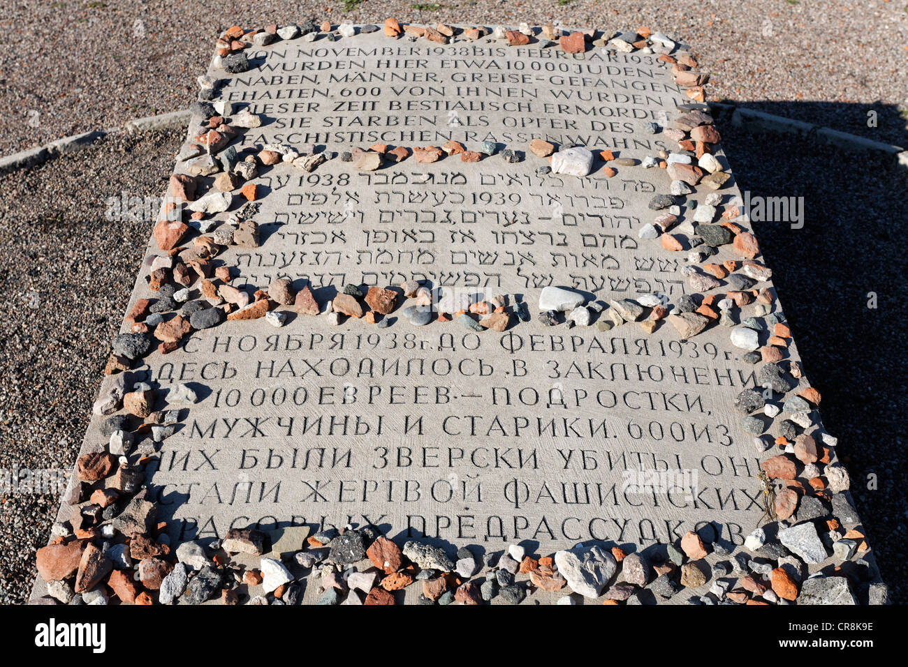 Dreisprachige Gedenkstein auf dem Gelände des jüdischen Speziallager, Gedenkstätte Buchenwald, ehemaliges Konzentrationslager in der Nähe von Weimar Stockfoto