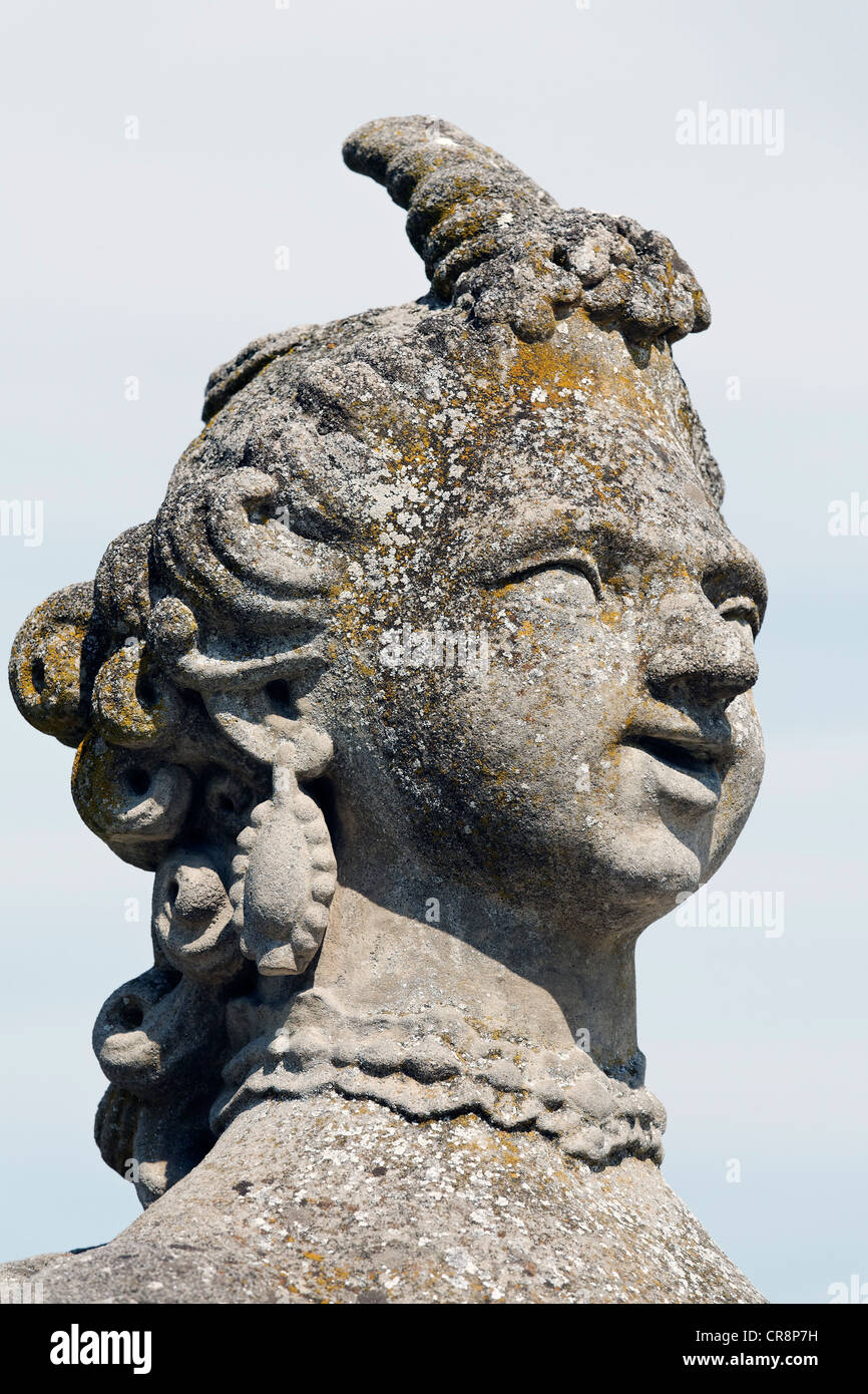 Kopf einer Sphinx, Rokoko-Gärten, Schloss Veitshöchheim Burg, untere Franken, Bayern, Deutschland, Europa Stockfoto