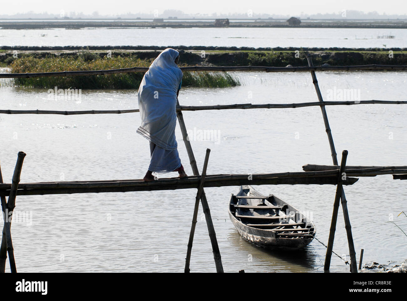 Südasien Bangladesch, überqueren die Bambus Stange Brücke in Shrimp Farm in der Nähe von Khulna Stockfoto