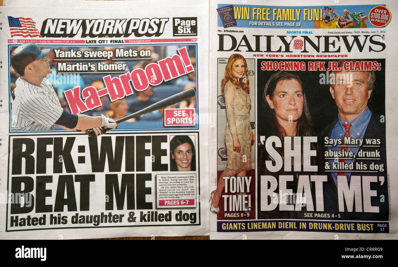 Titelseiten der NY Daily News und Post Bericht über noch mehr Enthüllungen über den Tod von Mary Richardson Kennedy Stockfoto