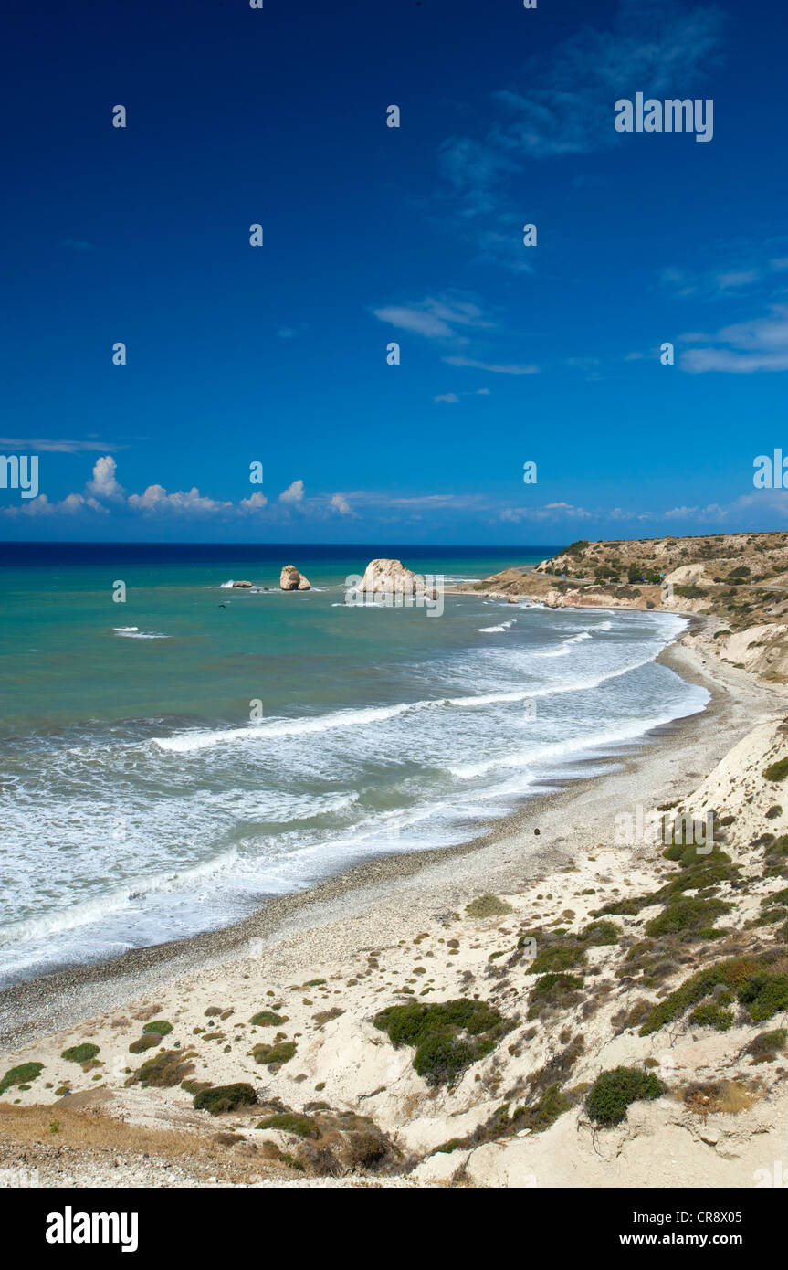 Petra Tou Romiou oder Felsen von der griechischen oder Aphrodites Rock, Paphos, Südküste, Süd-Zypern, Zypern Stockfoto