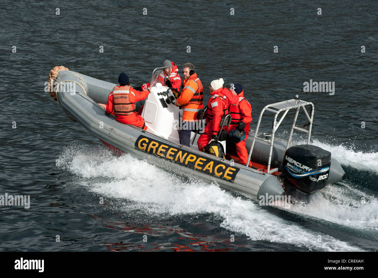 Greenpeace-Aktivisten in einem Schlauchboot Stockfoto