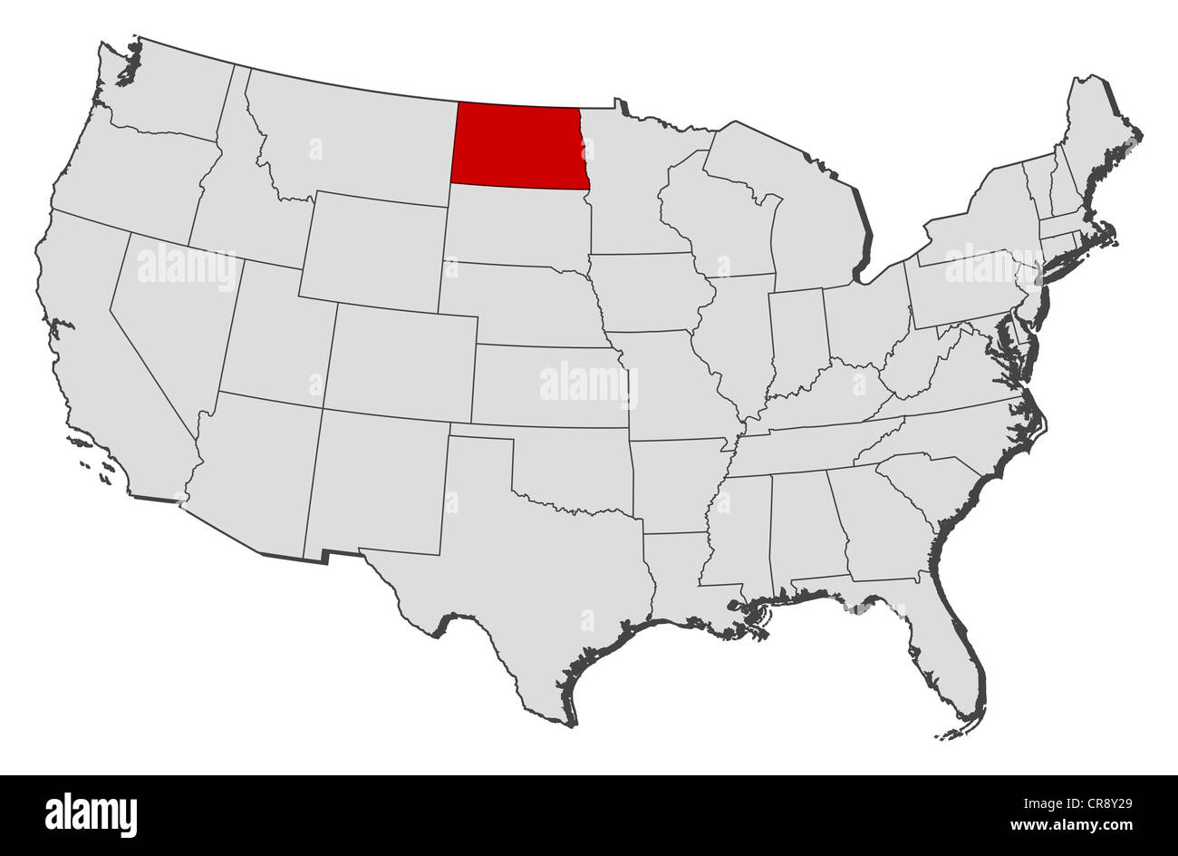 Politische Landkarte der USA mit den mehrere Staaten North Dakota wo markiert ist. Stockfoto