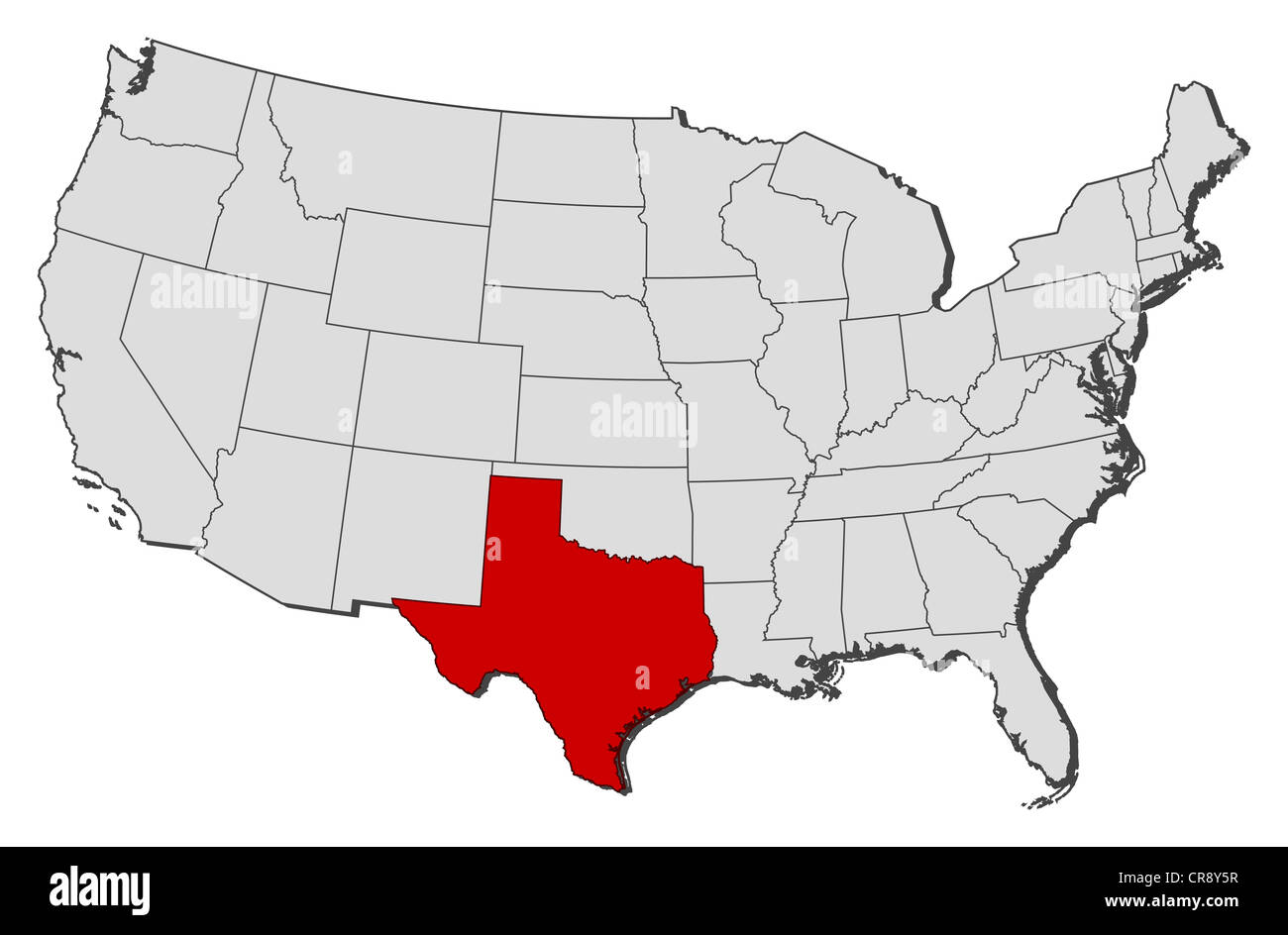 Politische Landkarte der USA mit den mehrere Staaten wo Texas markiert ist. Stockfoto