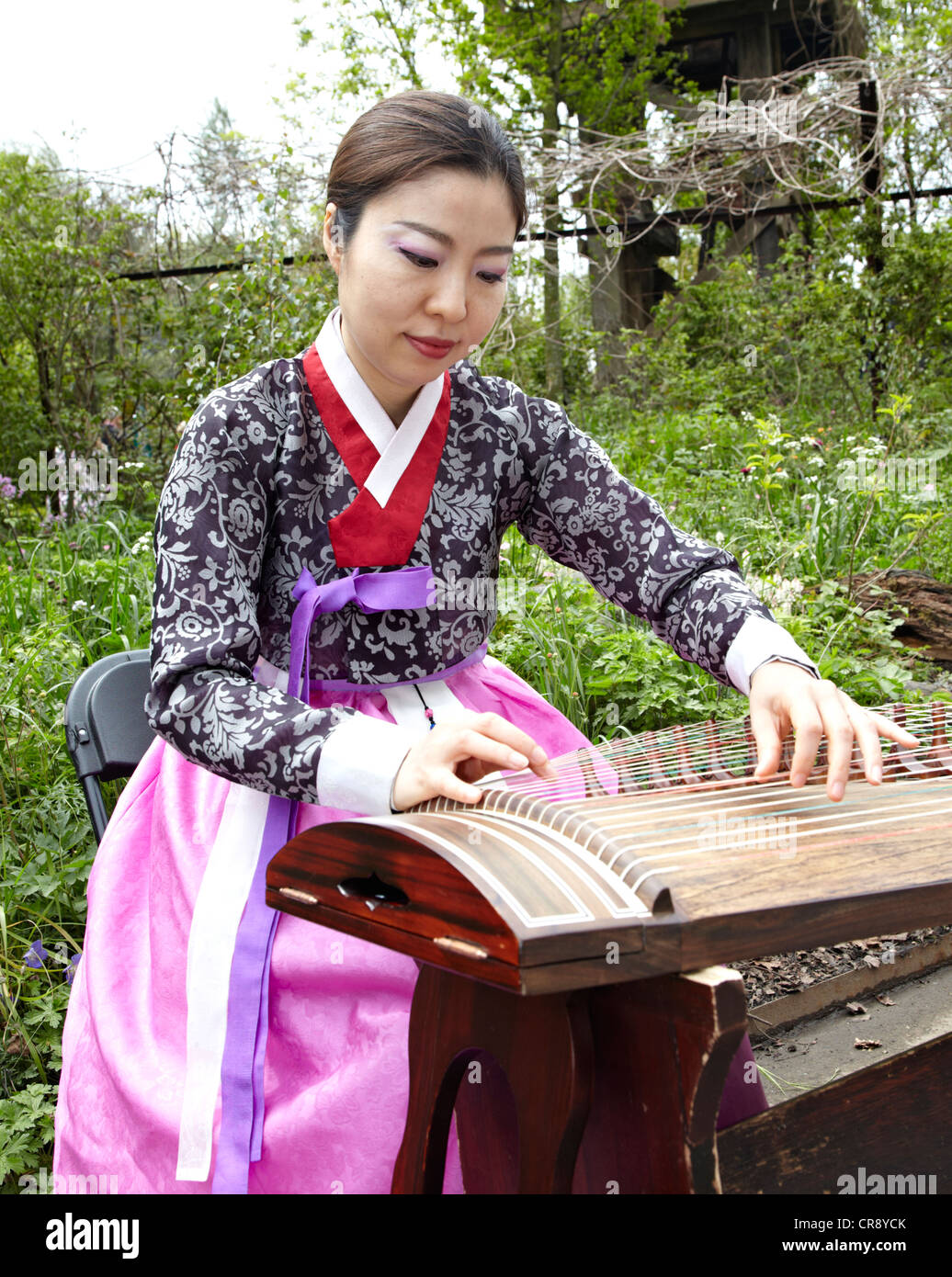 Koreanische Frau spielt A Kayagum Instrument bei The Chelsea Flower Show London UK Stockfoto