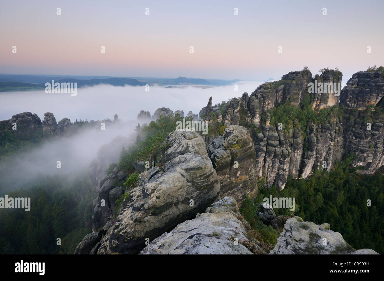 Nebel im Elbtal, Schrammsteine Gruppe von Felsen, Sächsische Schweiz, Sachsen, Deutschland, Europa Stockfoto