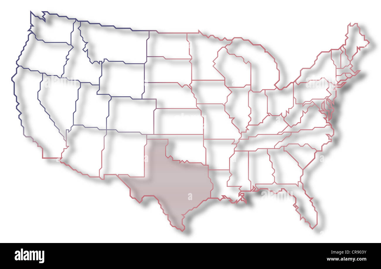 Politische Landkarte der USA mit den mehrere Staaten wo Texas markiert ist. Stockfoto