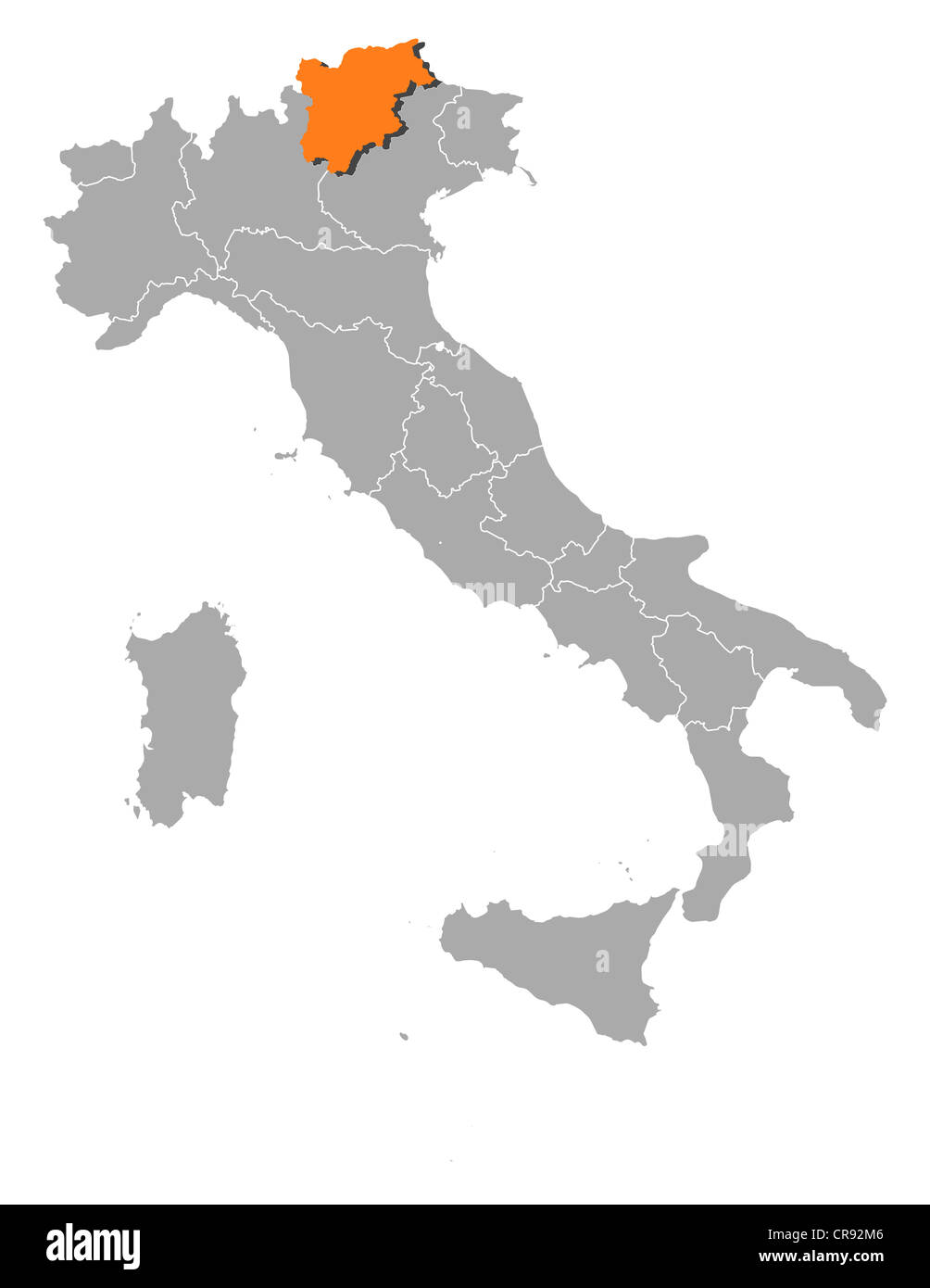 Politische Karte von Italien mit den mehrere Regionen in Trentino-Alto Adige/Südtirol markiert ist. Stockfoto