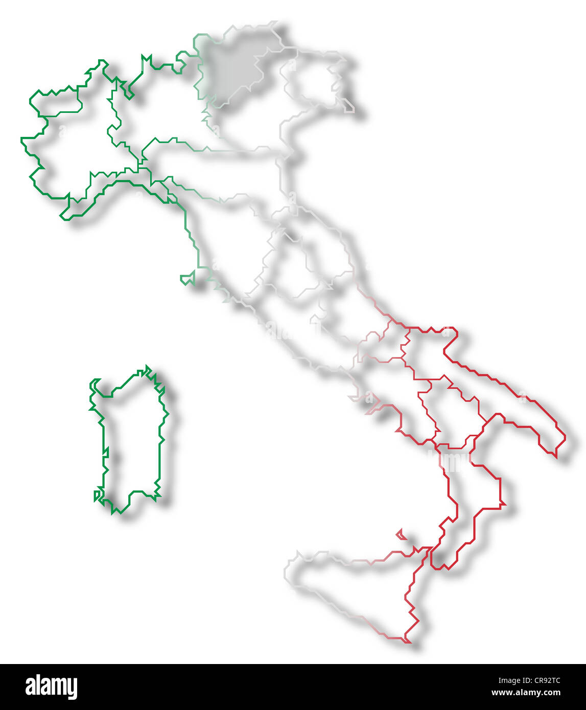 Politische Karte von Italien mit den mehrere Regionen in Trentino-Alto Adige/Südtirol markiert ist. Stockfoto