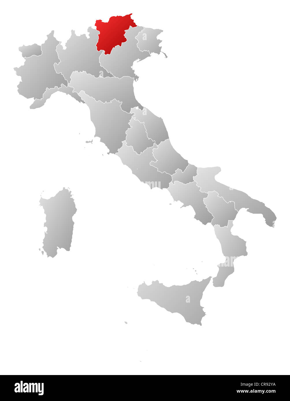 Politische Karte von Italien mit den mehrere Regionen in Trentino-Alto Adige/Südtirol markiert ist. Stockfoto