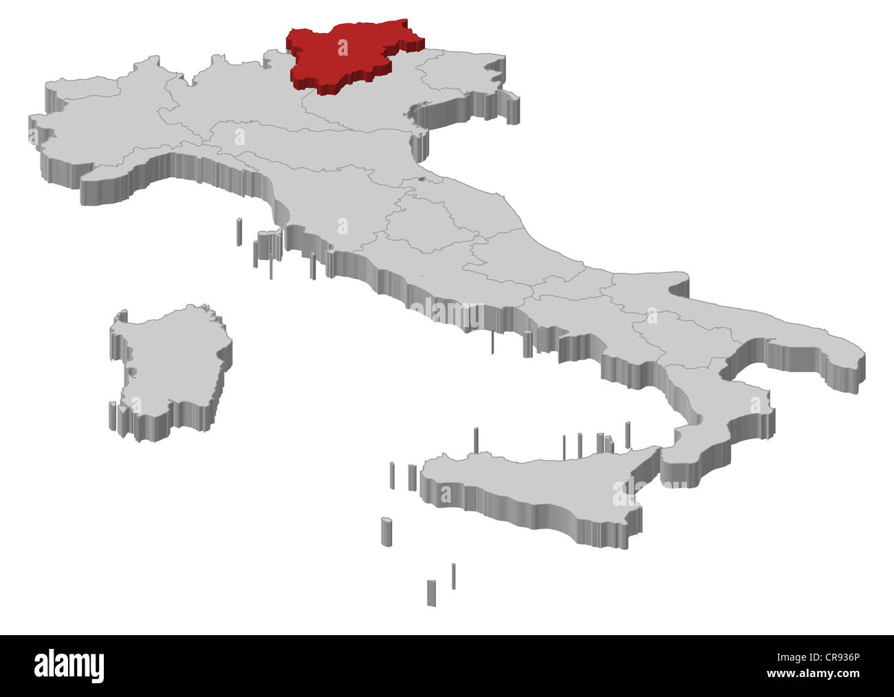 Politische Karte von Italien mit den mehrere Regionen in Trentino-Alto Adige/Südtirol markiert ist. Stockfoto
