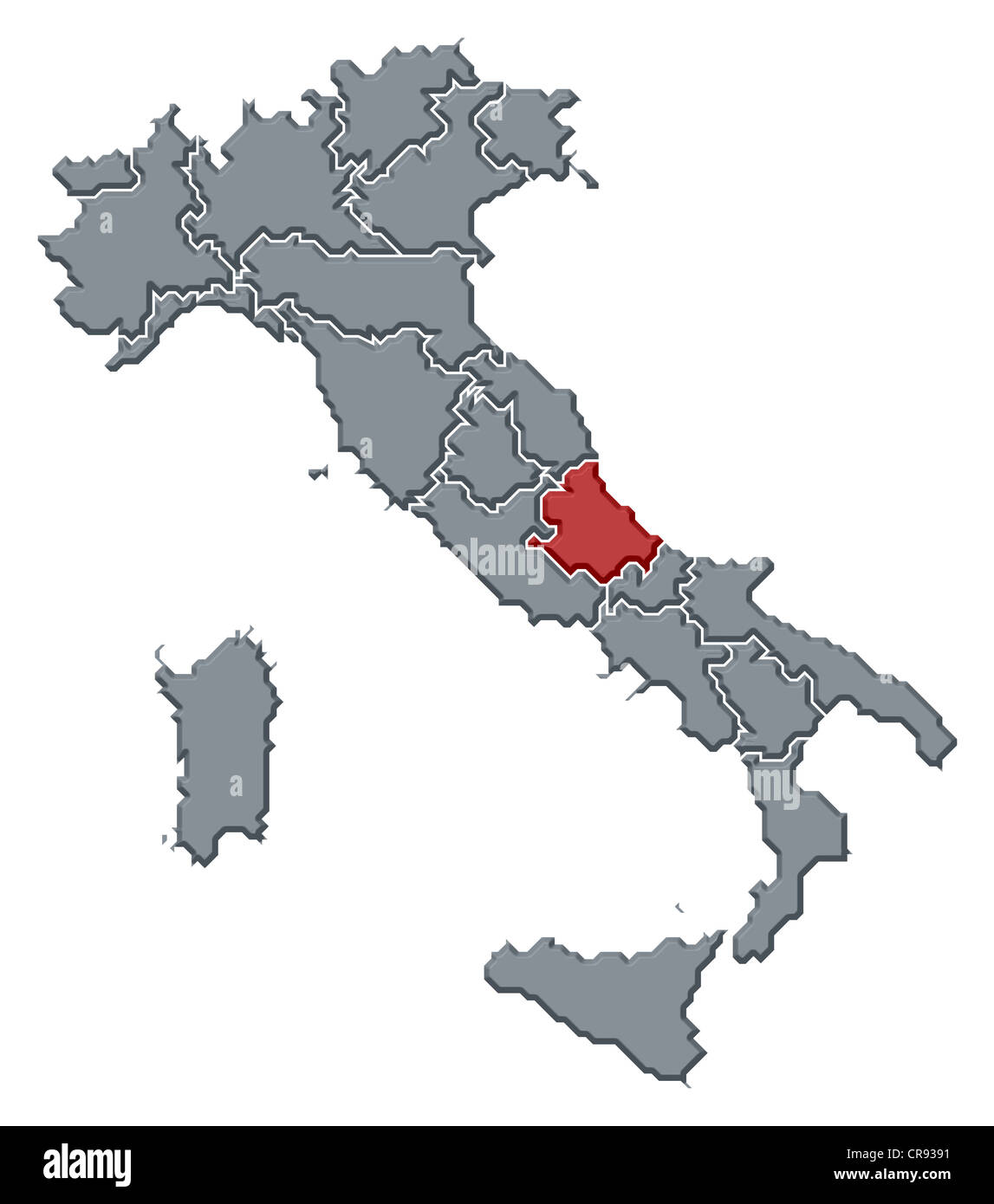 Politische Karte von Italien mit den verschiedenen Regionen wo Abruzzen markiert ist. Stockfoto