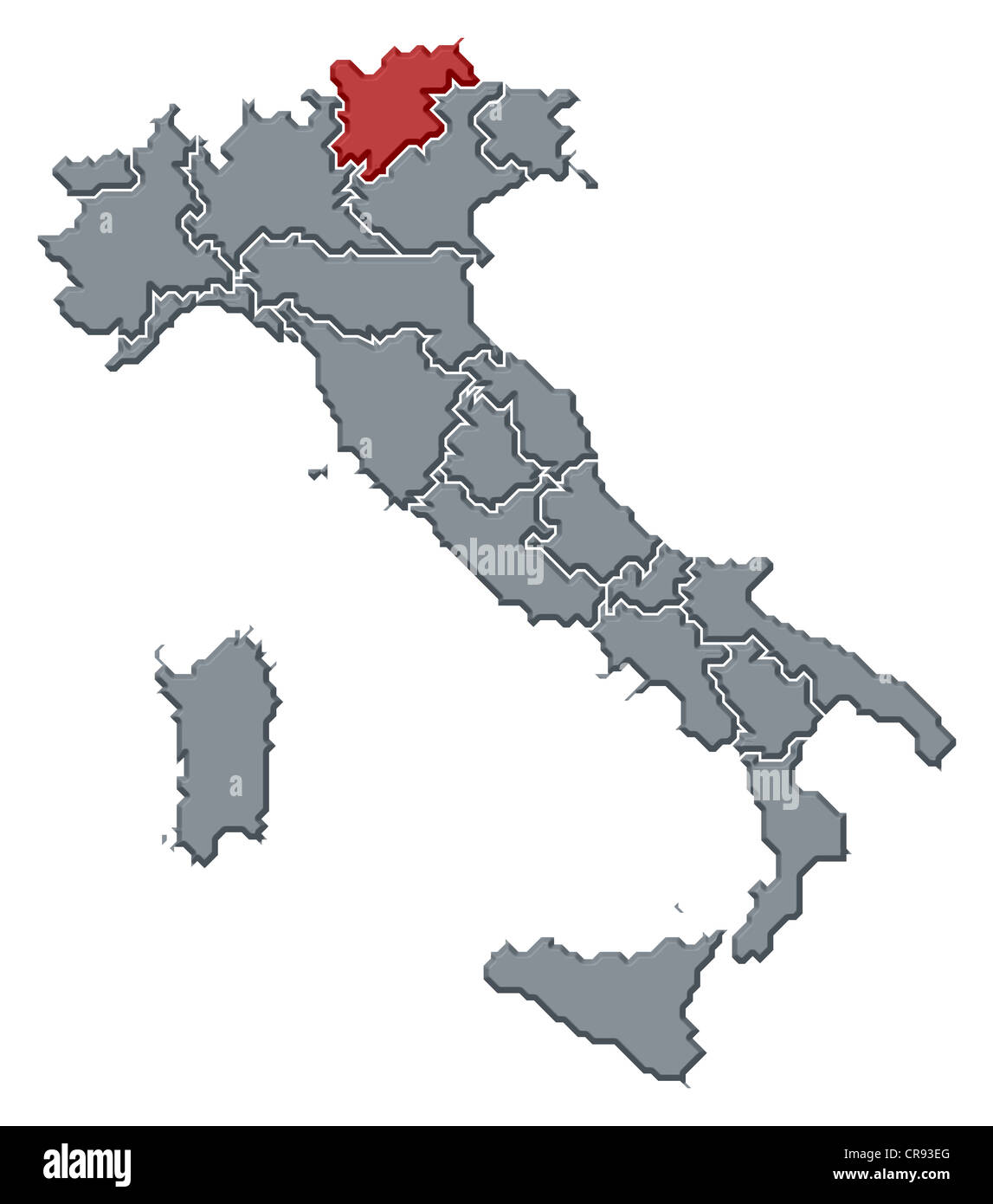Politische Karte von Italien mit den mehrere Regionen in Trentino-Alto Adige/Südtirol markiert ist. Stockfoto