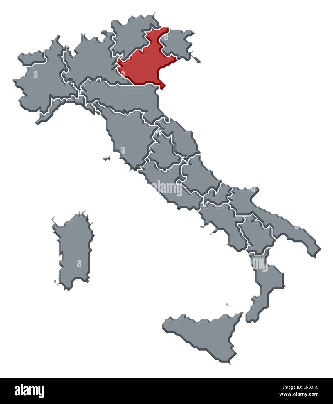 Politische Karte von Italien mit den mehreren Regionen Veneto wo markiert ist. Stockfoto