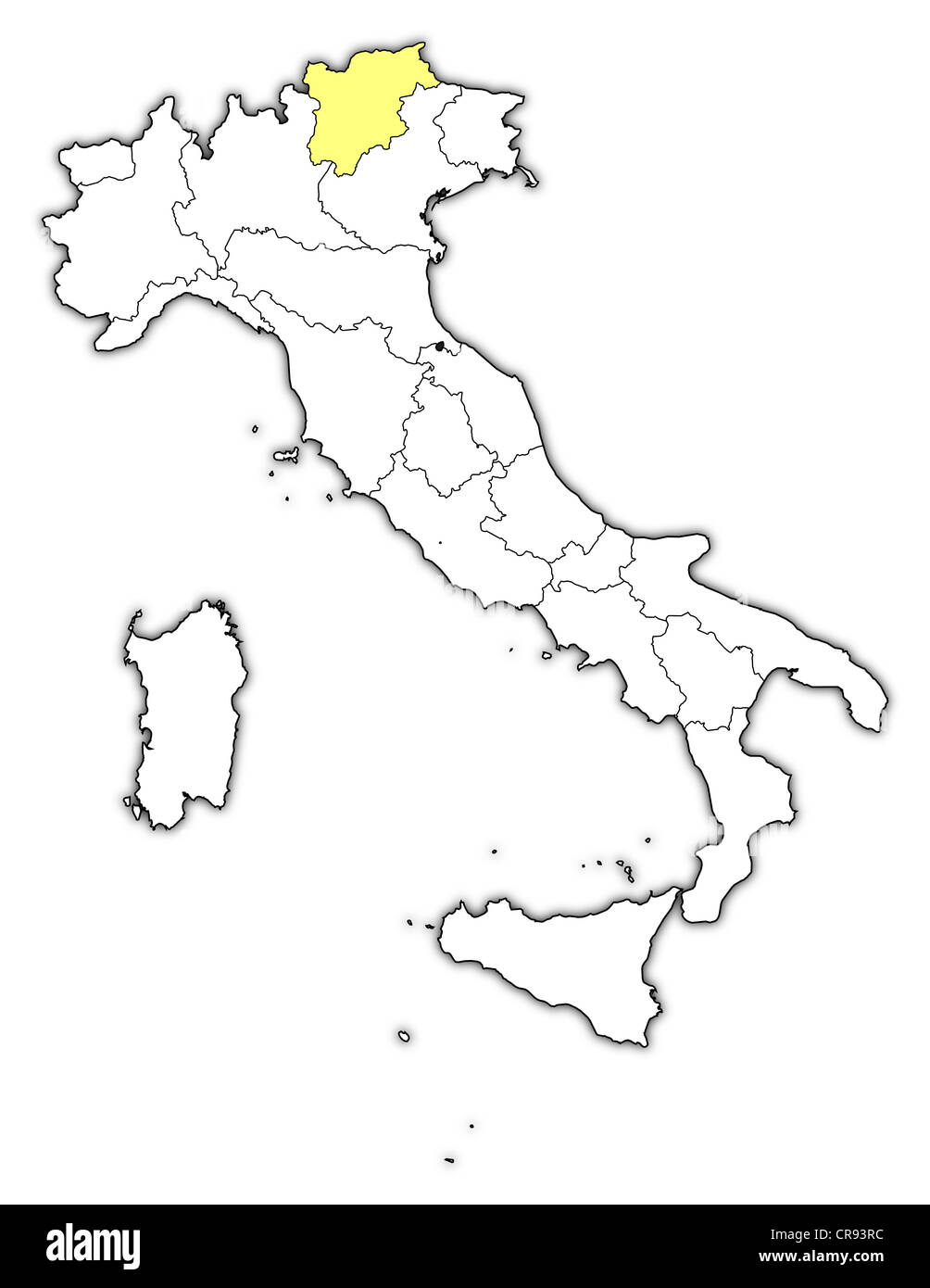 Politische Karte von Italien mit den mehrere Regionen in Trentino-Alto Adige/Südtirol markiert ist. Stockfoto