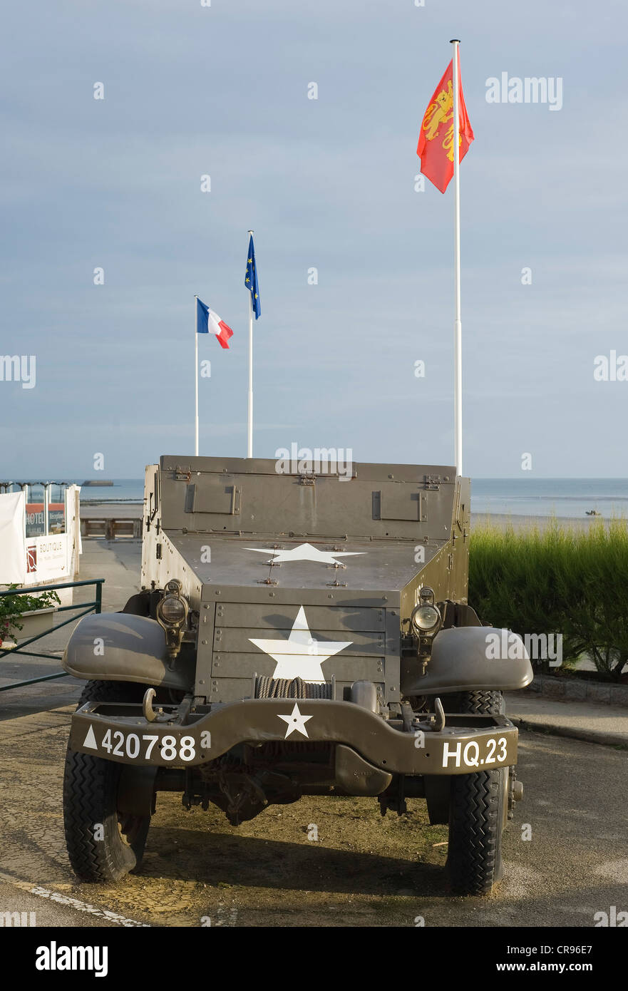 Arromanches-Les-Bains, d-Day, Gold Beach, Fahrzeug der Alliierten Mächte, Normandie, Frankreich, Europa Stockfoto