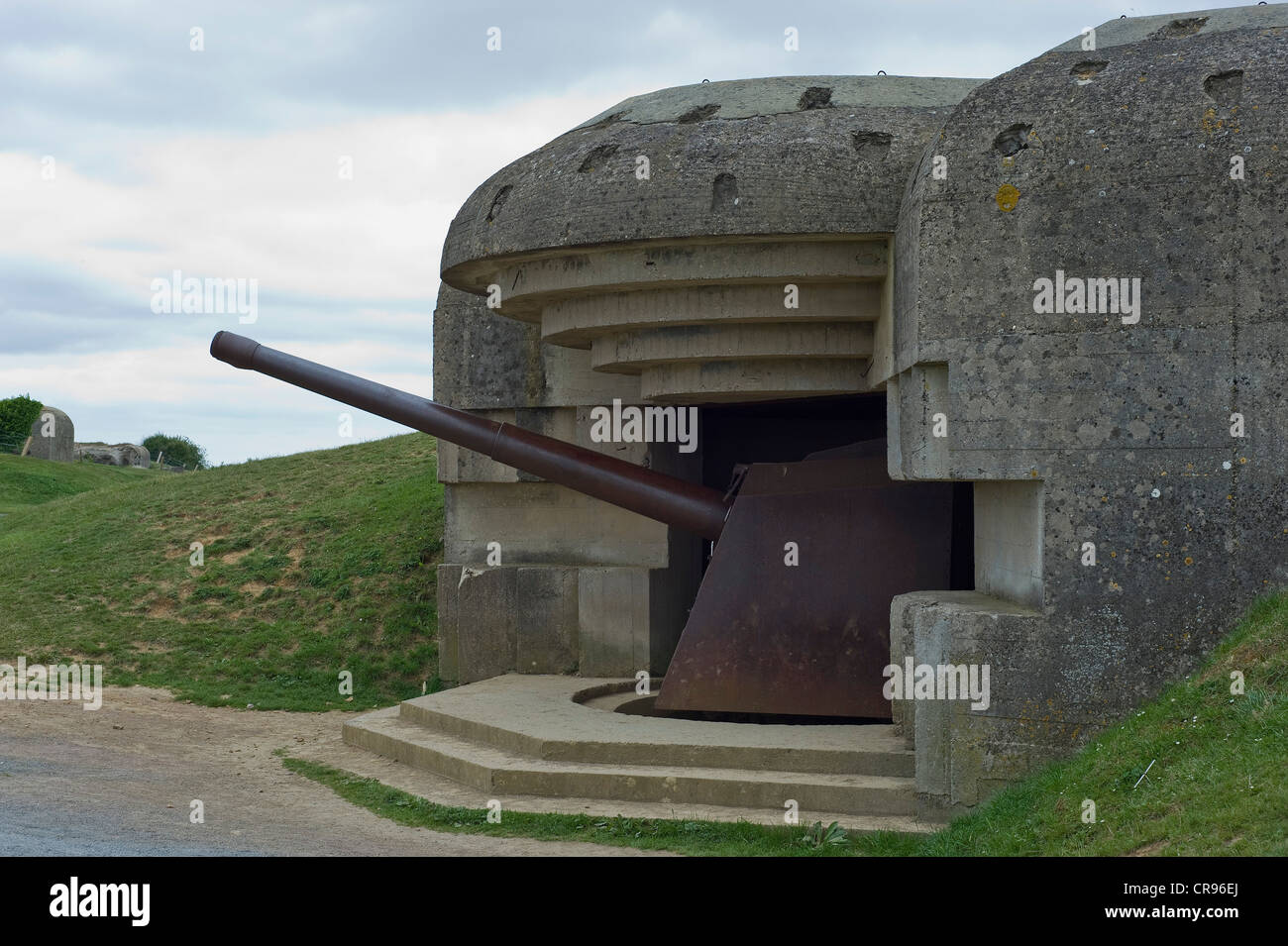 Atlantikwall, deutsche Positionen, d-Day, 150 mm Krupp Kanonen, Longues Sur Mer, Normandie, Frankreich, Europa Stockfoto