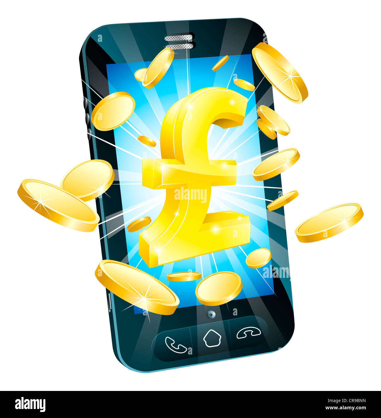 Pfund Geld Handy Konzept Illustration des Handy mit Münzen und gold Raute Stockfoto
