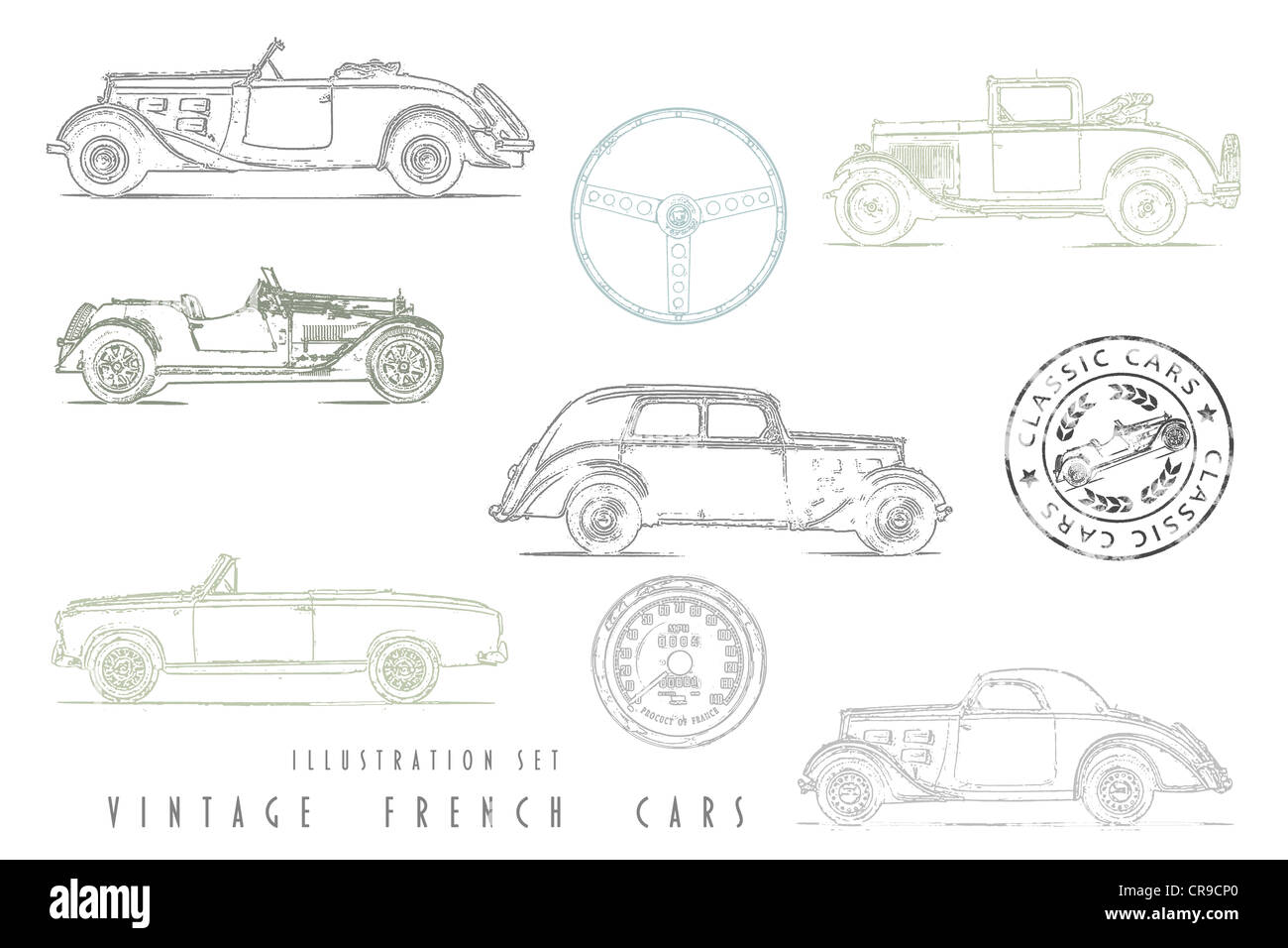 Abbildung Set französische Oldtimer mit Stempel design Stockfoto