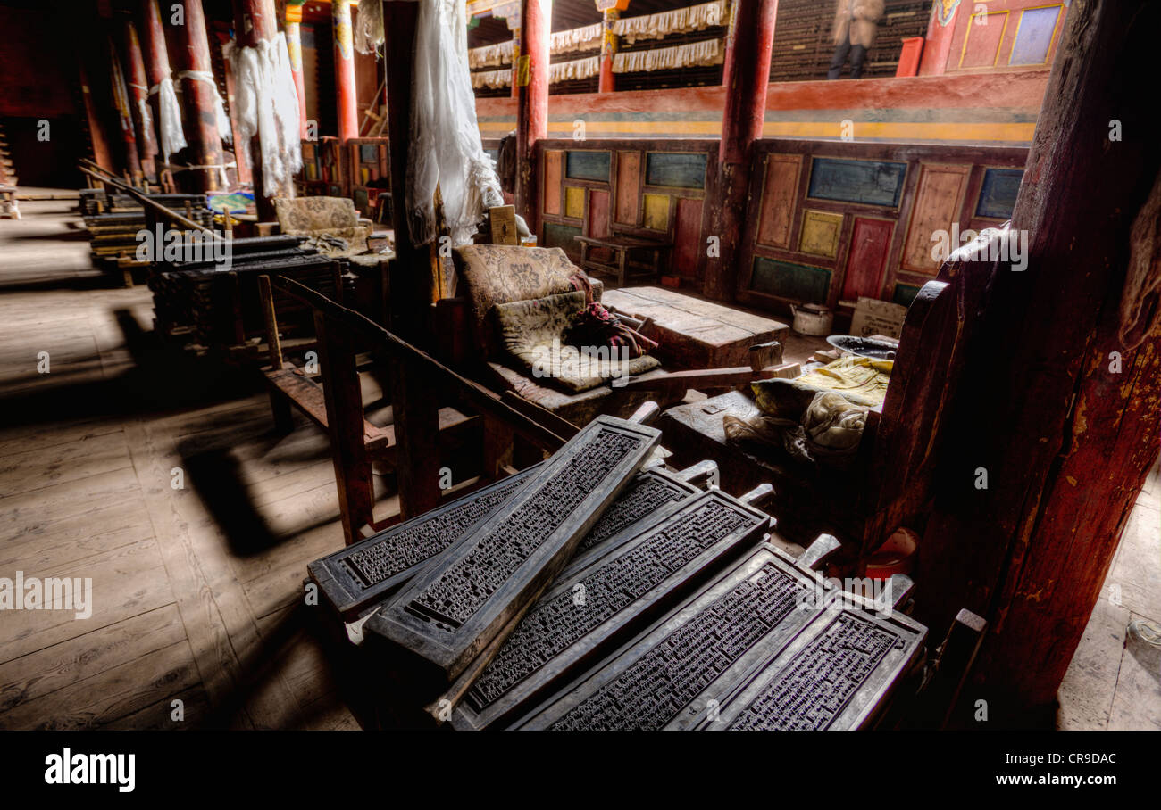Derge Parkhang Druckerei im Jahre 1729 gebaut. Ausstattung und Druckerzeugnisse. Religiöse Texte. Roheisen set Seiten. Bibliothek. Stockfoto