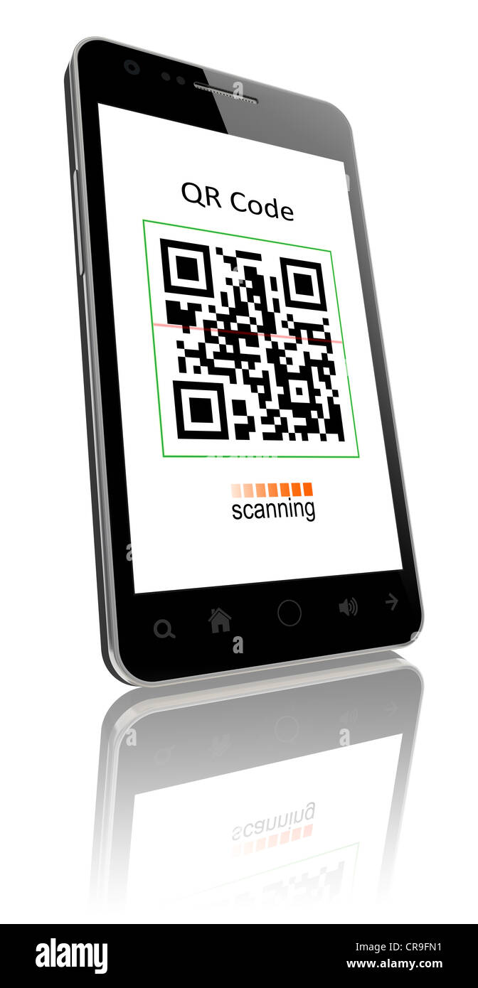 Smartphone mit QR Code Scanner auf dem Bildschirm. Enthalten Sie Beschneidungspfad für Telefon und Bildschirm. Stockfoto
