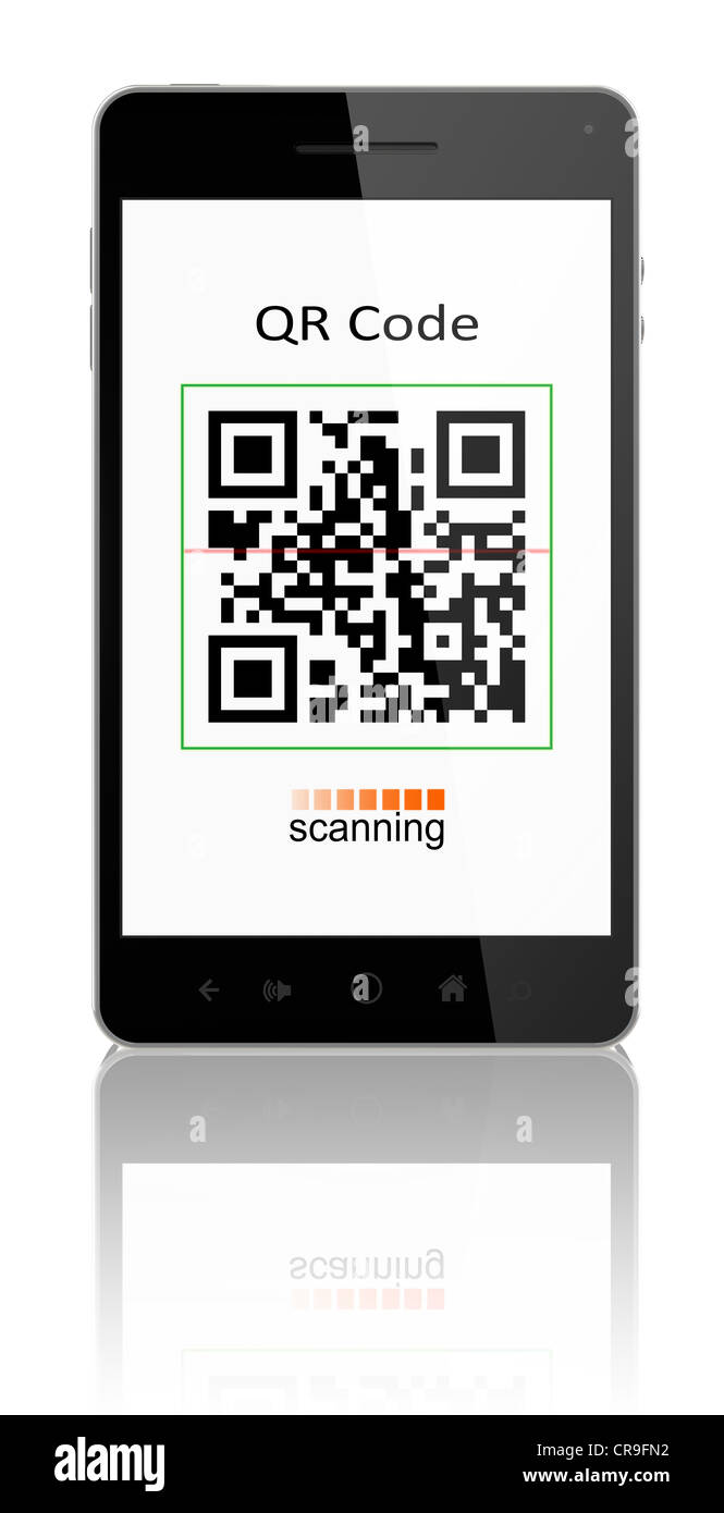Smartphone mit QR Code Scanner auf dem Bildschirm. Enthalten Sie Beschneidungspfad für Telefon und Bildschirm. Stockfoto