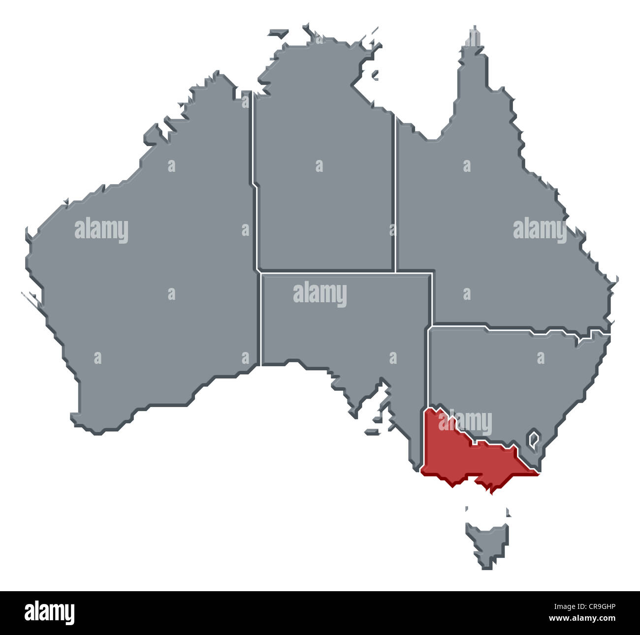Politische Karte von Australien mit den mehrere Staaten wo Victoria markiert ist. Stockfoto