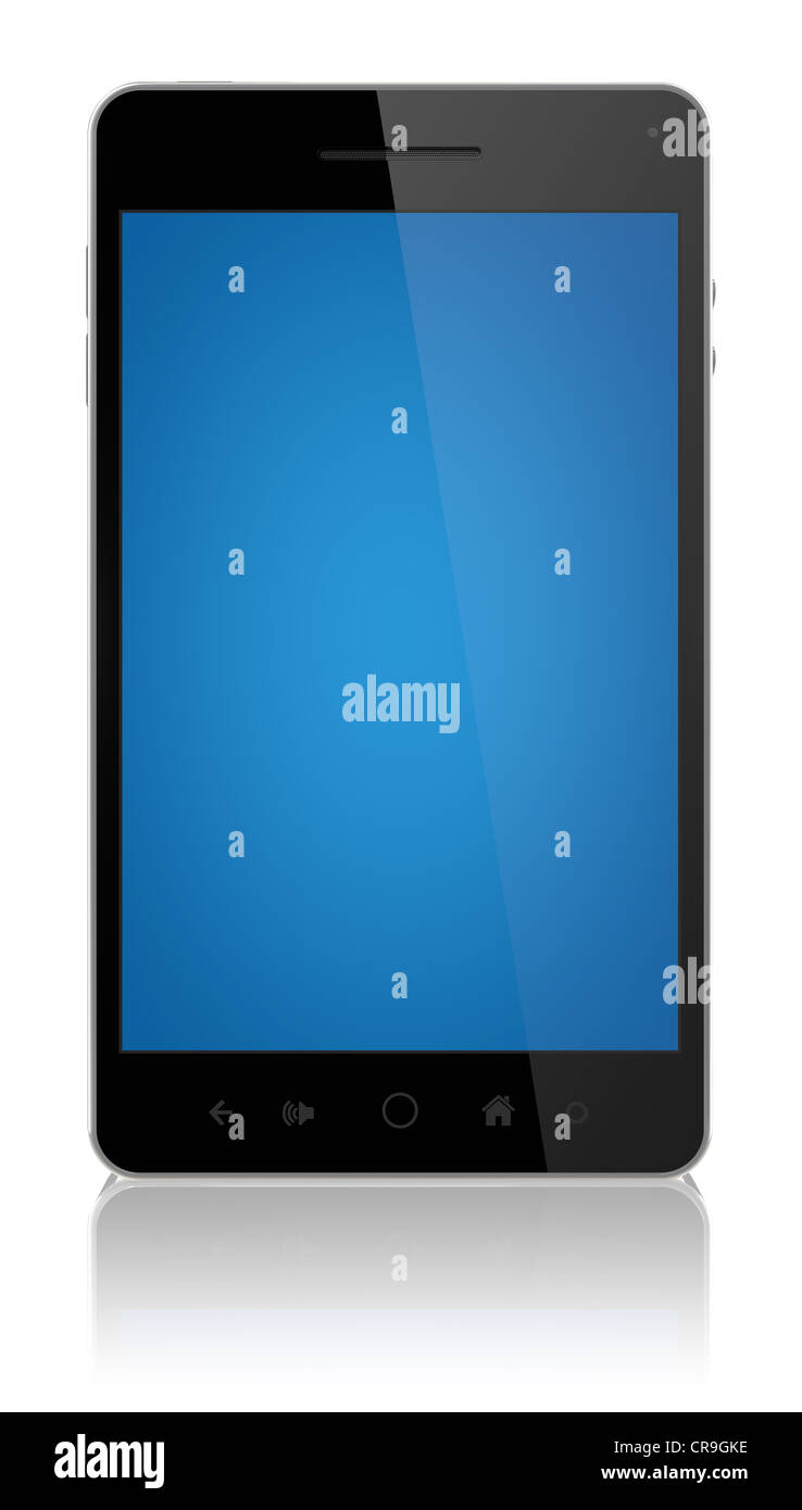 Modernes Smartphone mit Bluescreen isoliert auf weiss. Stockfoto