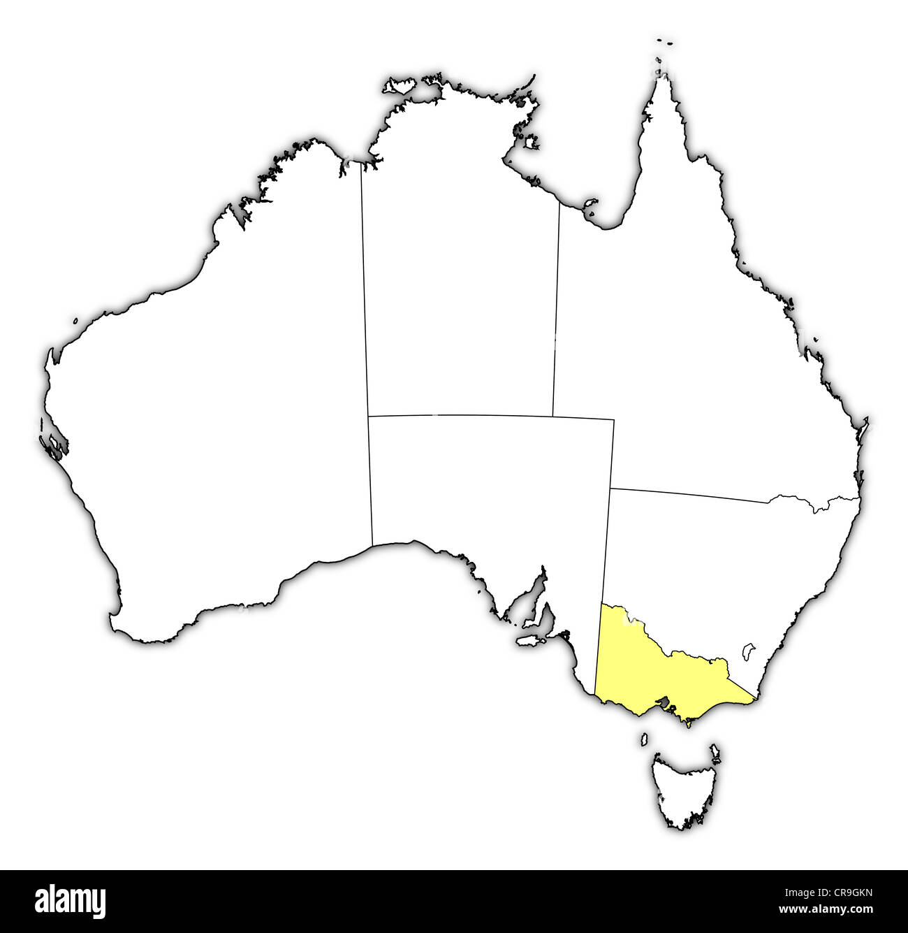 Politische Karte von Australien mit den mehrere Staaten wo Victoria markiert ist. Stockfoto