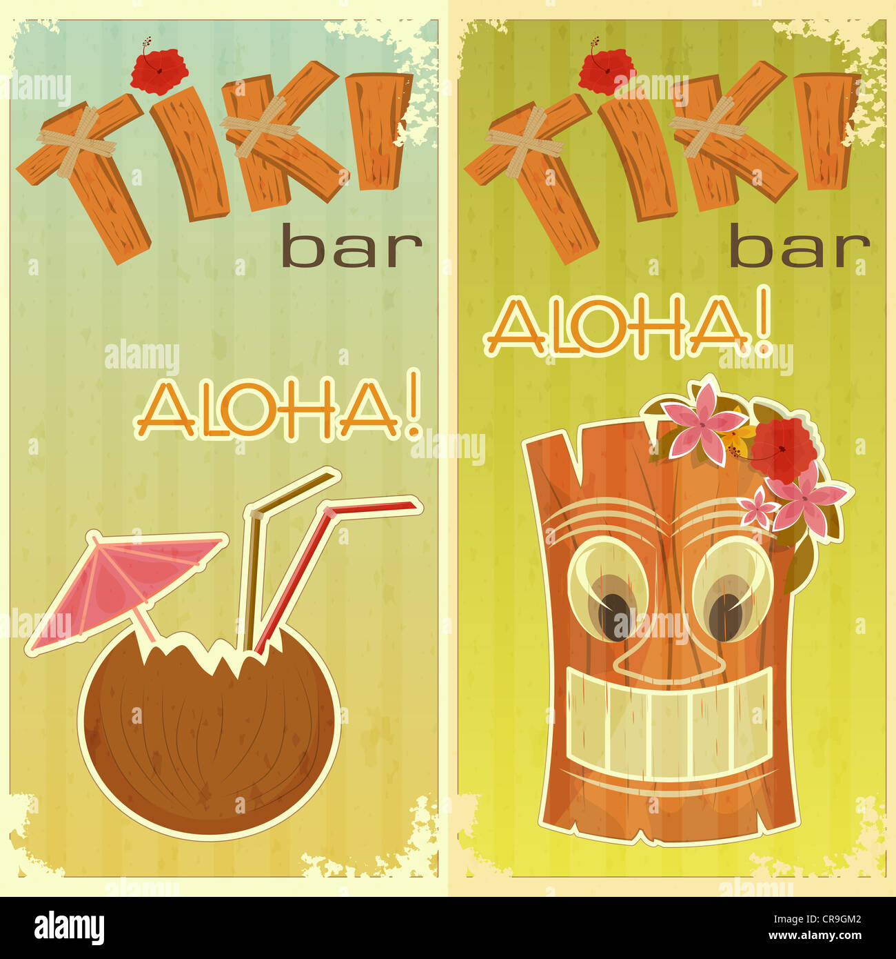 Retro-Sticker für Tiki Bars, Hawaii Party, zwei Postkarten im Vintage-Stil mit handgezeichneten Text Aloha und Tiki Stockfoto