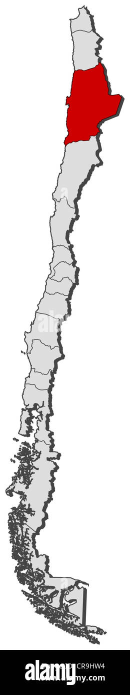 Politische Landkarte von Chile mit mehreren Regionen wo Antofagasta markiert ist. Stockfoto