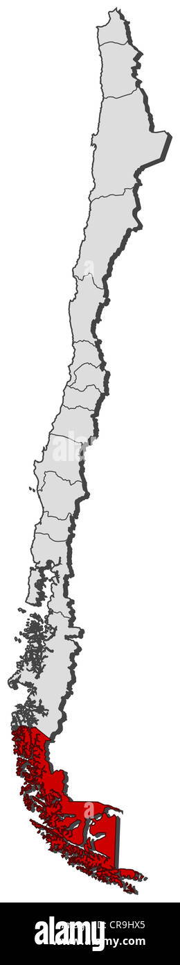 Politische Landkarte von Chile mit den mehreren Regionen, wo Magellan und der chilenischen Antarktis wird hervorgehoben. Stockfoto
