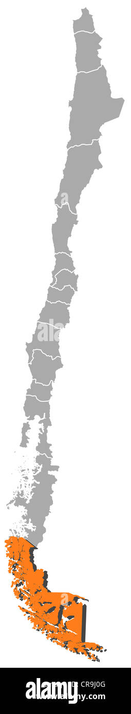 Politische Landkarte von Chile mit den mehreren Regionen, wo Magellan und der chilenischen Antarktis wird hervorgehoben. Stockfoto