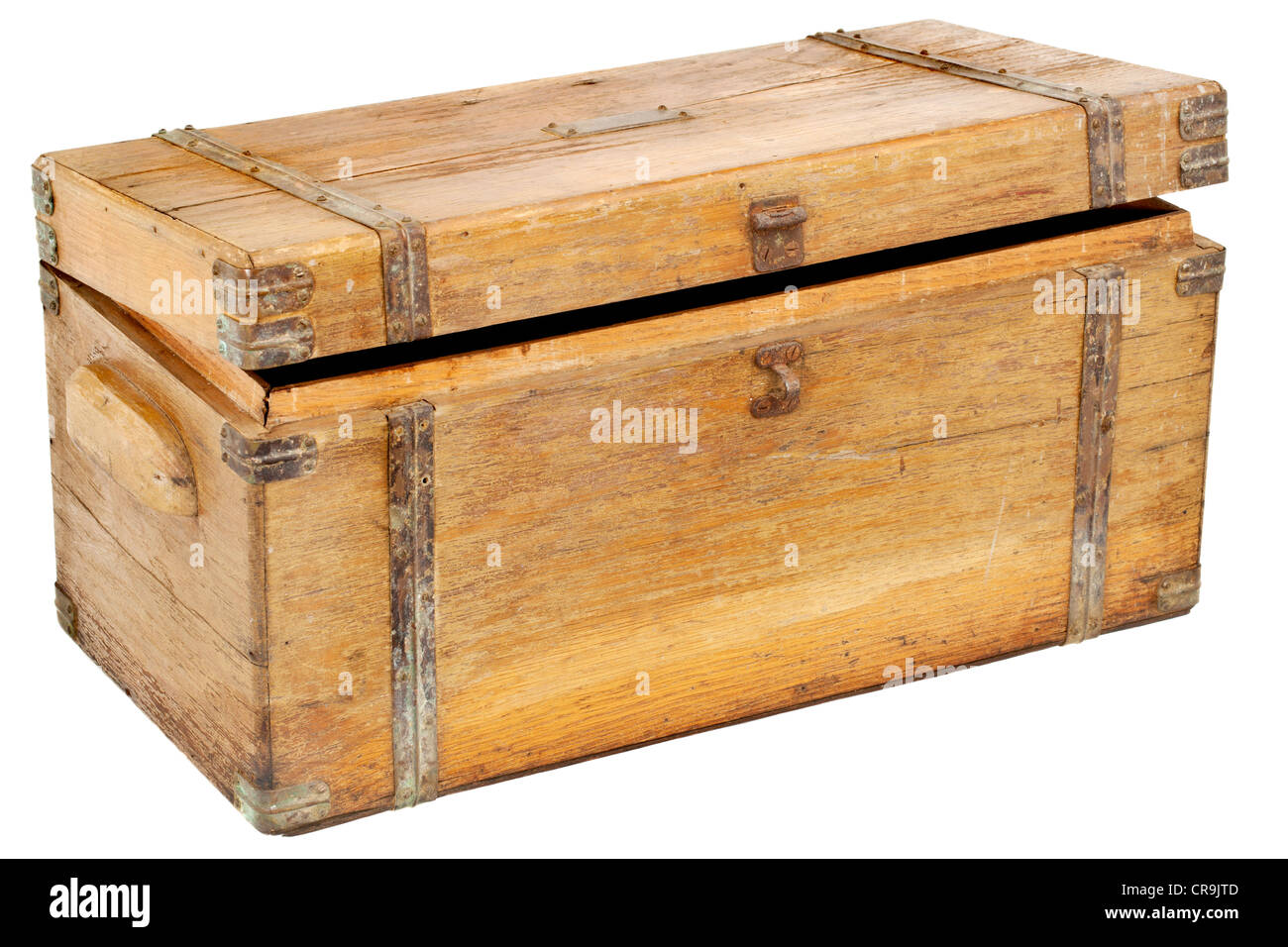 Vintage Holzkiste oder Toolbox mit Messing-Hardware isoliert auf weiss Stockfoto