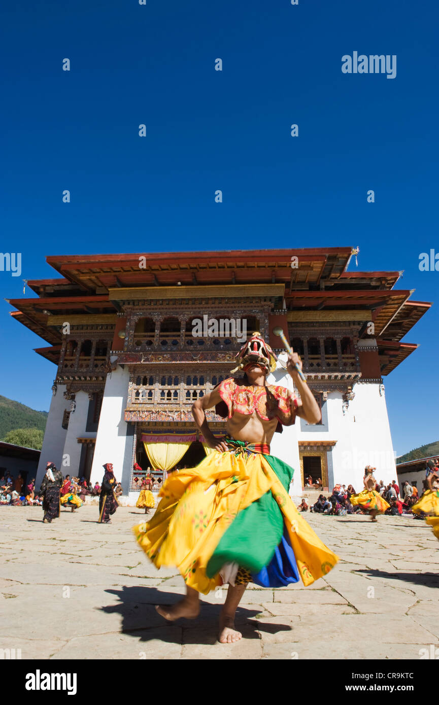 tanzen Darsteller Tsechu Festivals, Thimphu Gompa Kloster Phobjikha Tal, Bhutan, Asien Stockfoto