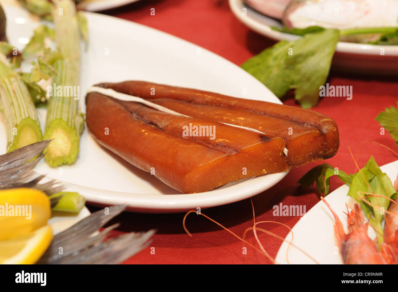 Ein Teller bottarga, Oristano, Sardinien, Italien Stockfoto