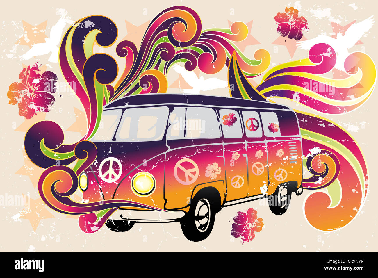 Retro-van - Flower-Power - van mit bunten Strudeln, Tauben, Peace-Zeichen und Hibiskus als Vintage retro poster Stockfoto