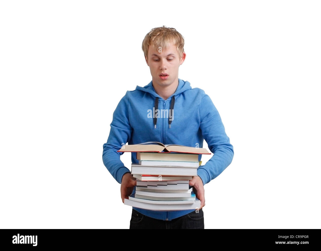 Ein Teenager mit einem Stapel Bücher Stockfoto