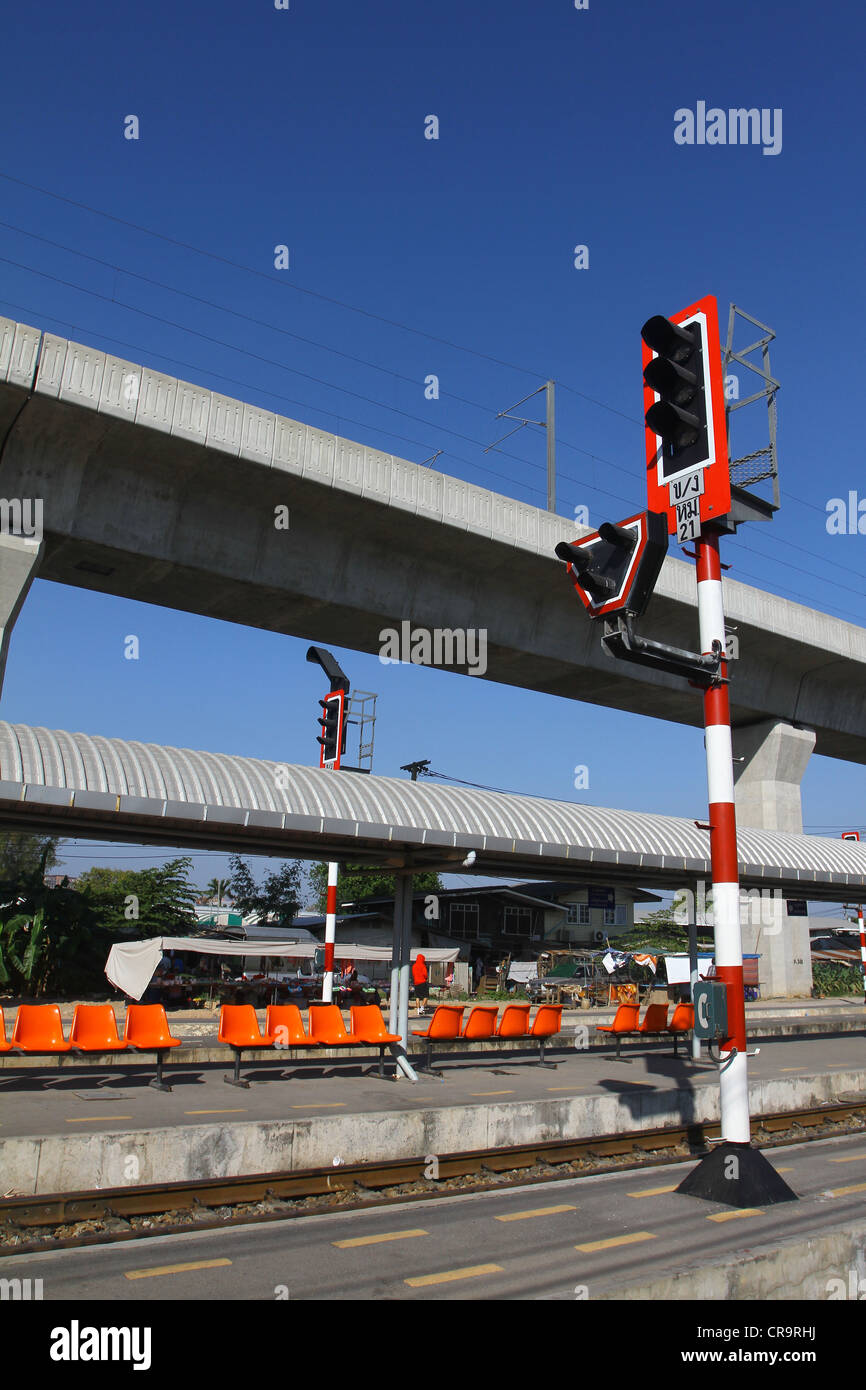 Zug-Signale für Eisenbahn und Ampel für Lokomotive, Bangkok, Thailand Stockfoto