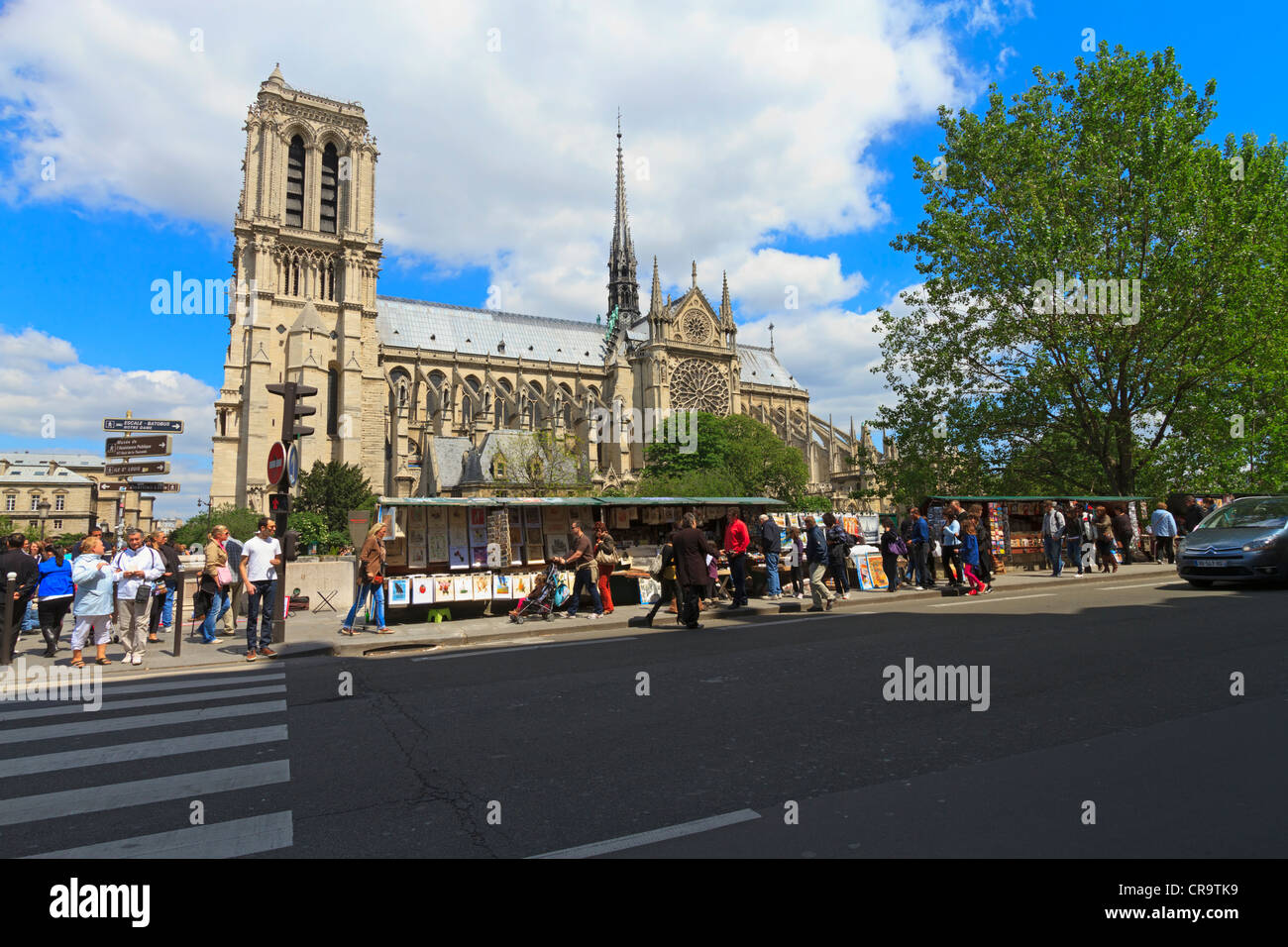 Rive Gauche, Paris, Kathedrale Notre-Dame. Touristen schauen Anbieter Kioske an einem sonnigen Frühlings-Nachmittag Stockfoto