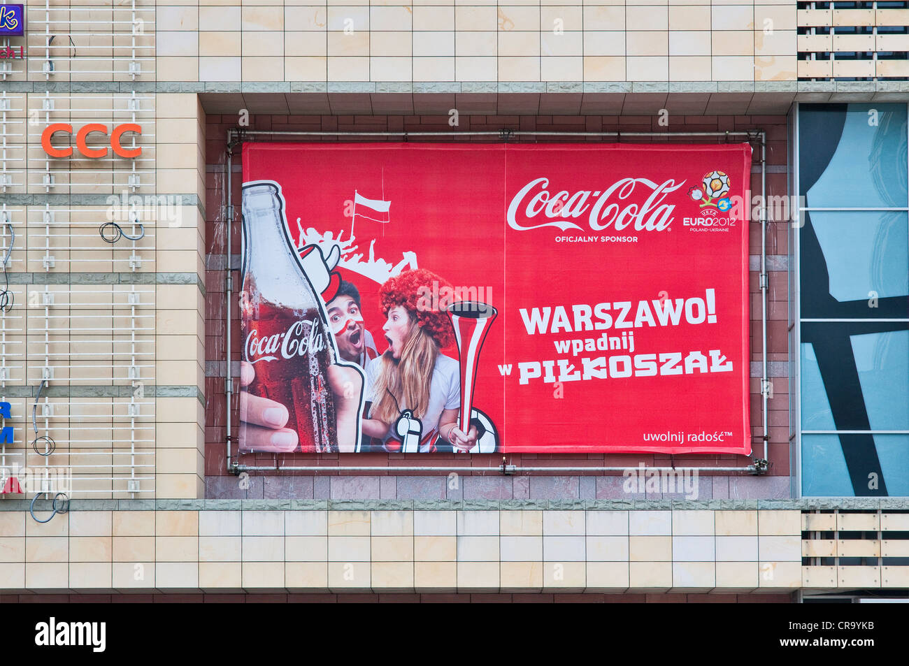 Coca-Cola-Zeichen während der Fußball-Europameisterschaft 2012 in Warschau, Polen Stockfoto