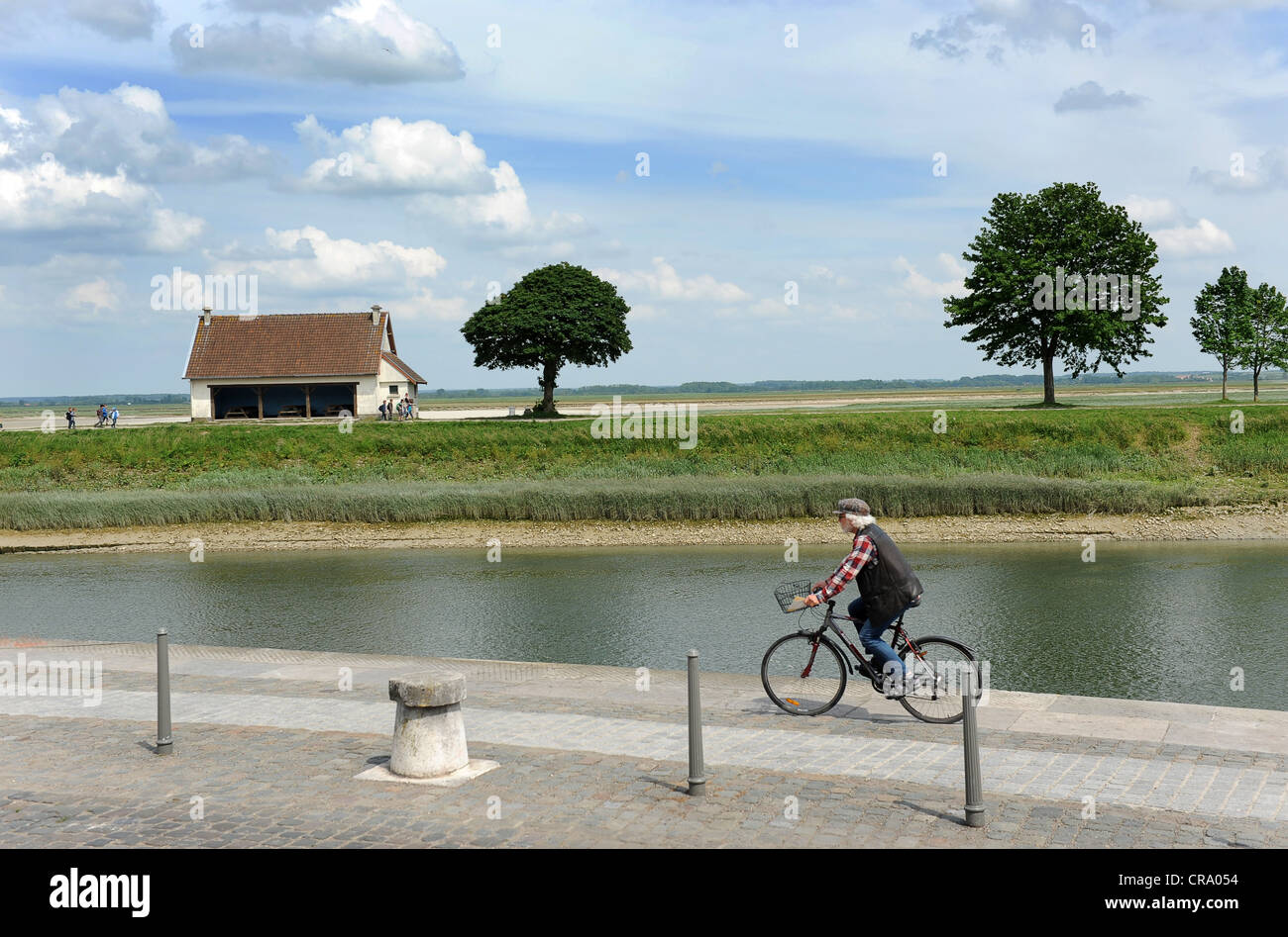 Mann Reiten Fahrrad entlang Fluss Somme in der Baie de Somme St Valery Sur Somme Picardie Frankreich Stockfoto