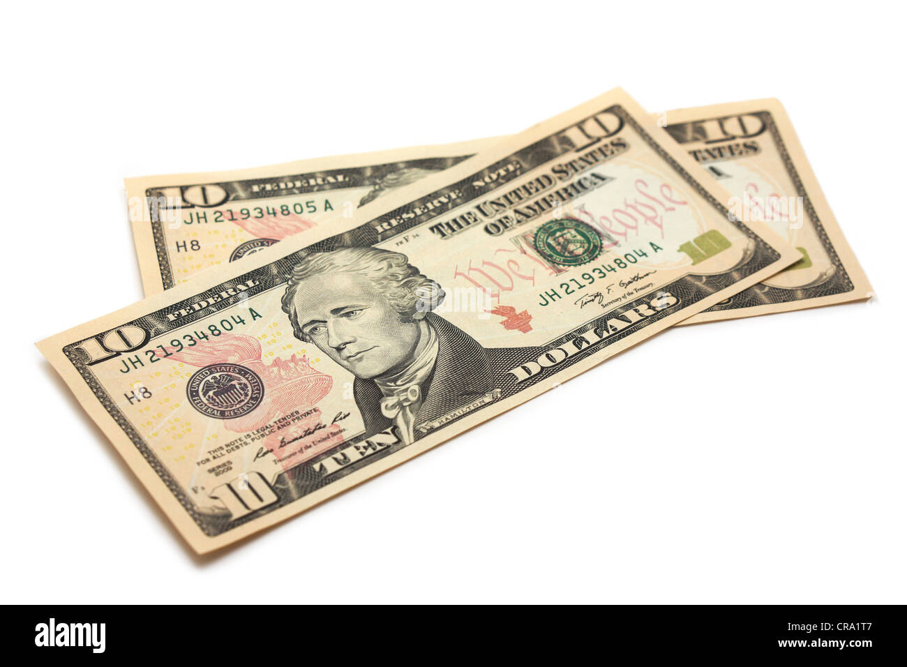 Dollarscheine, amerikanische Währung 10 Dollar Stockfoto