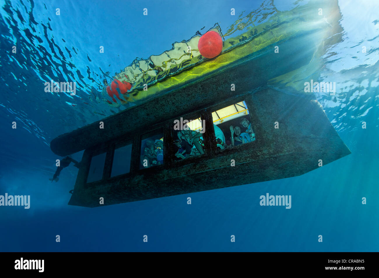 Menschen, die winken aus dem gelben u-Boot-Sinbad, Makadi Bay, Hurghada, Ägypten, Rotes Meer, Afrika Stockfoto