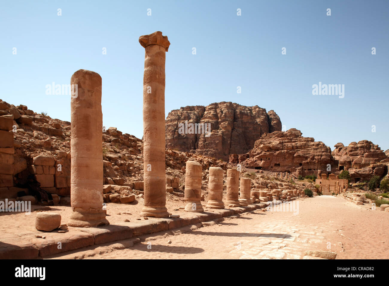 Säulenstraße, Petra, die Hauptstadt der Nabatäer, Felsenstadt, UNESCO-Weltkulturerbe Hertage, Wadi Musa Stockfoto