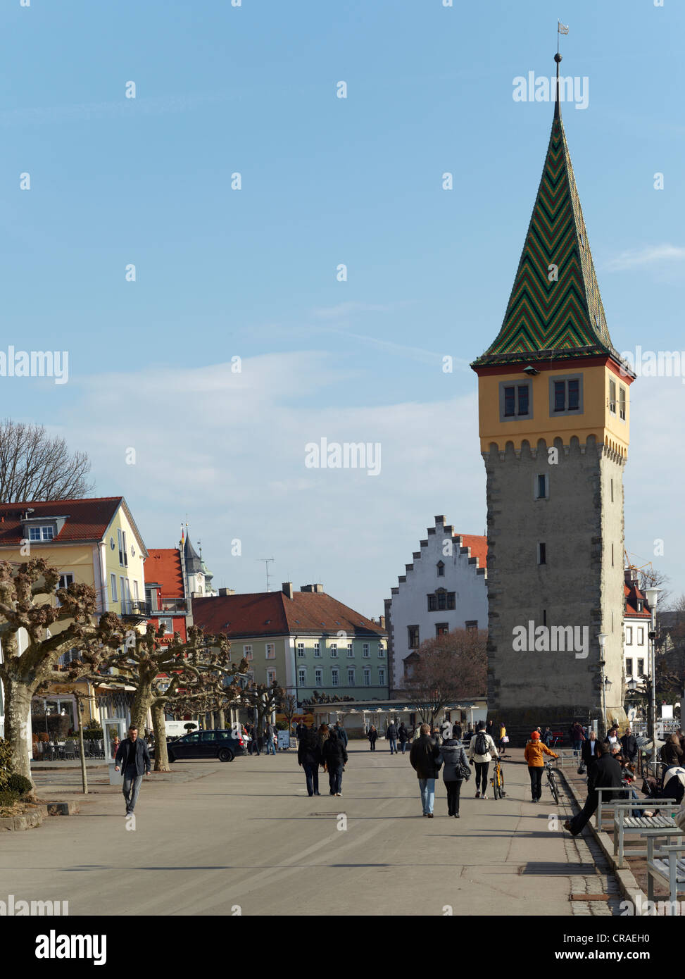Mangenturm Turm, einer der ältesten Leuchttürme auf dem Bodensee, Lindau, Schwaben, Bayern, Deutschland, Europa Stockfoto