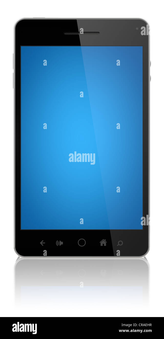 Modernes Smartphone mit Bluescreen isoliert auf weiss. Stockfoto