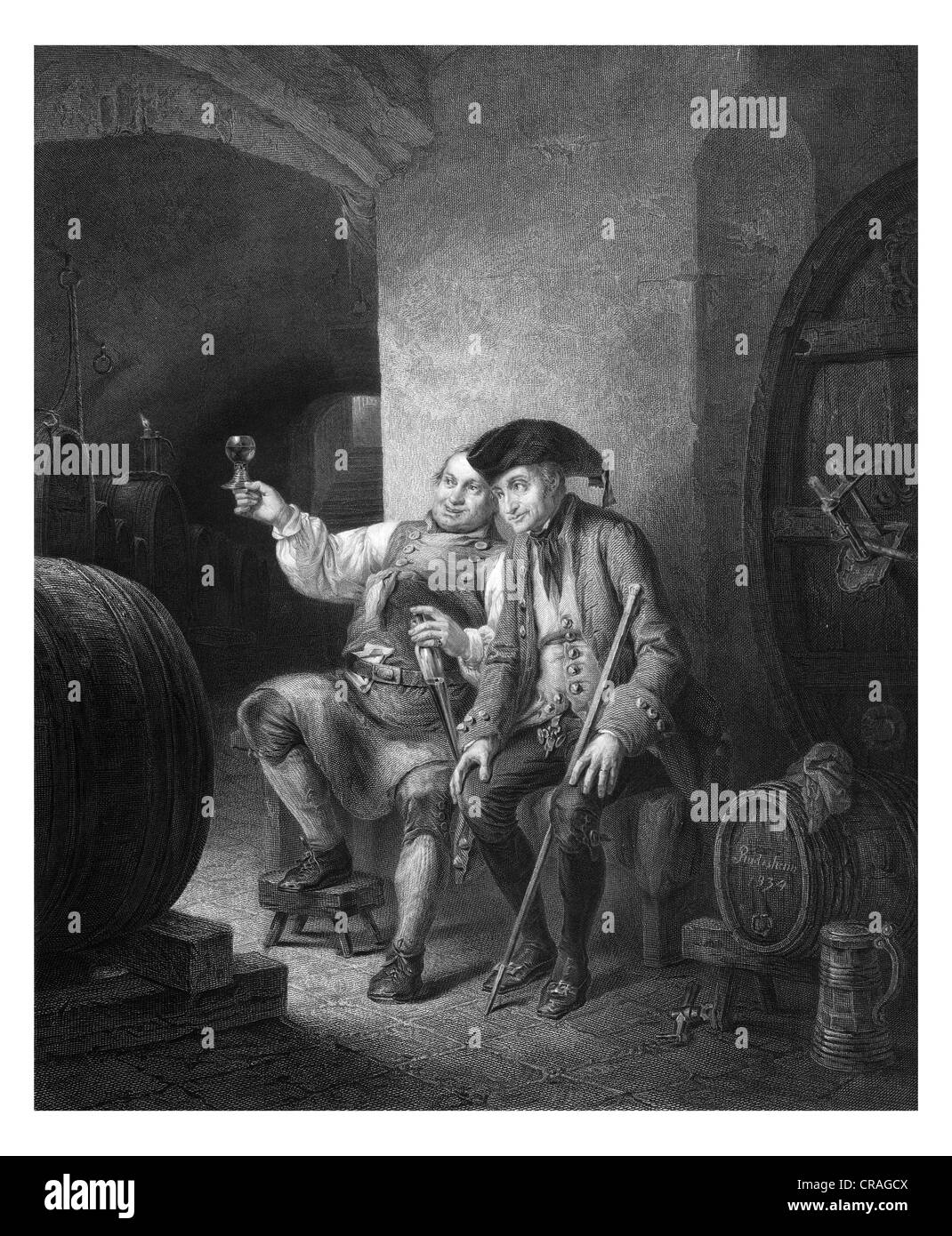 Weinprobe, historischen Kupferstich aus dem Jahr 1852 Stockfoto