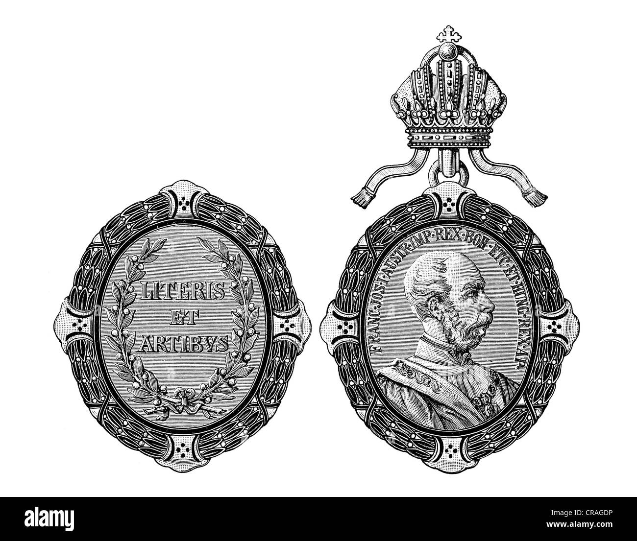 Ehrenmedaille für Kunst und Wissenschaft, Austria-Hungary, historische Illustration, Meyers Konversationslexikon Enzyklopädie, 1897 Stockfoto