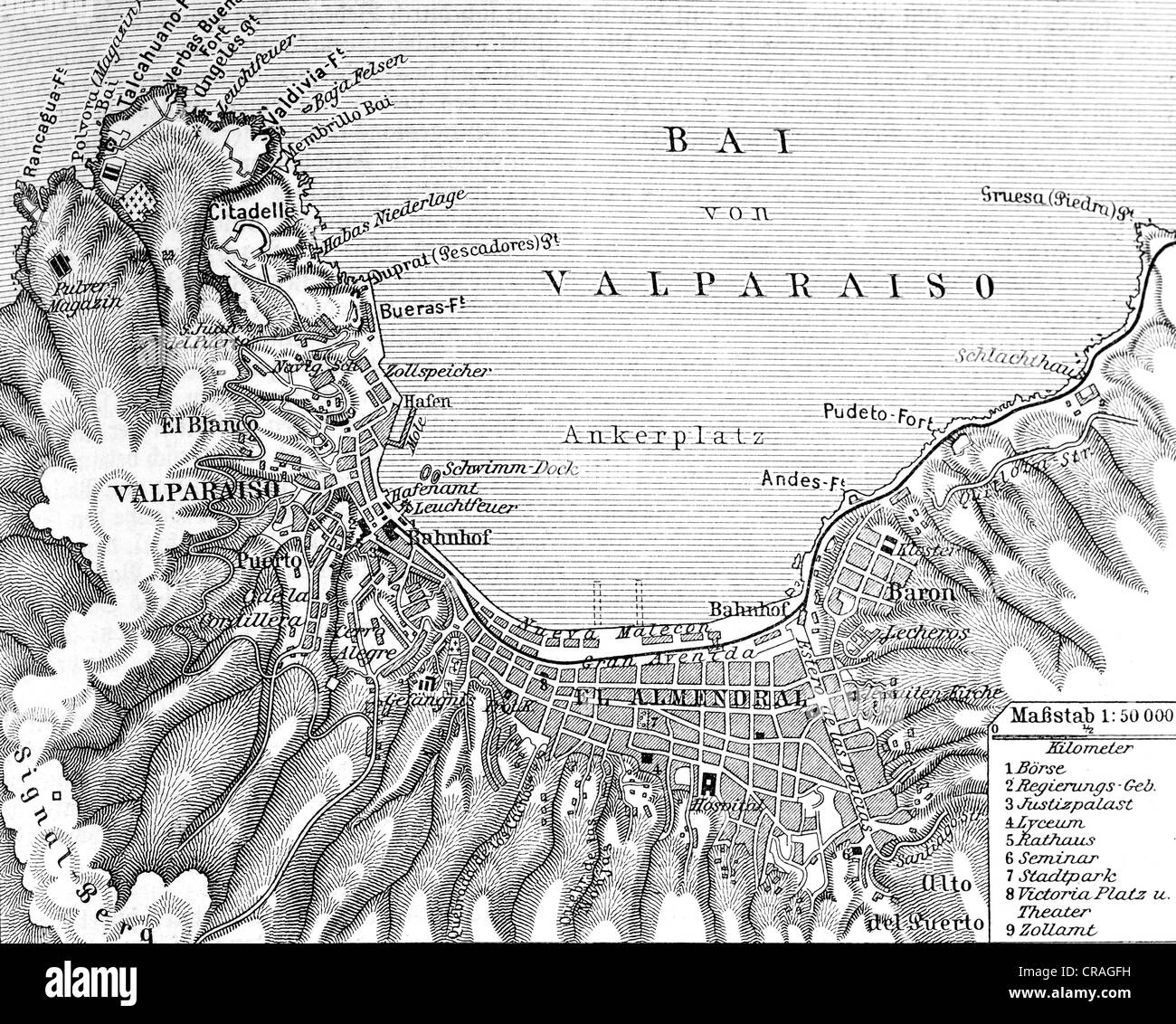 Karte von Valparaiso, Chile, historische Abbildung, Meyers Konversationslexikon Enzyklopädie, 1897 Stockfoto